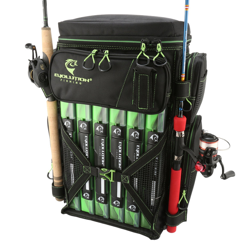 Fishing enthusiast backpack includes 6 color-matched gear trays